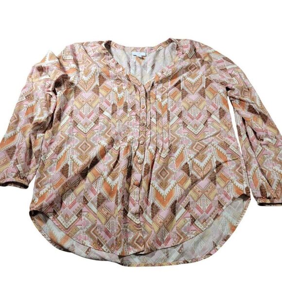 J Jill Top Womens Medium Blouse Button Up Lightweight Geometric V-Neck Long Slv - Picture 1 of 8